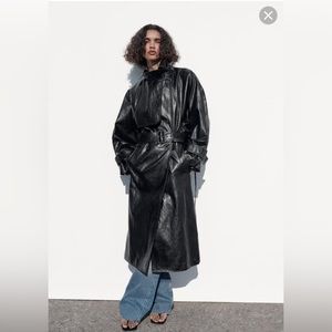 Zara Belted Faux Leather Trench Black
